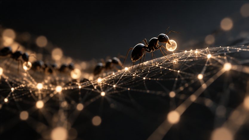 A single worker ant carrying a glowing node across a lit network of colony connections